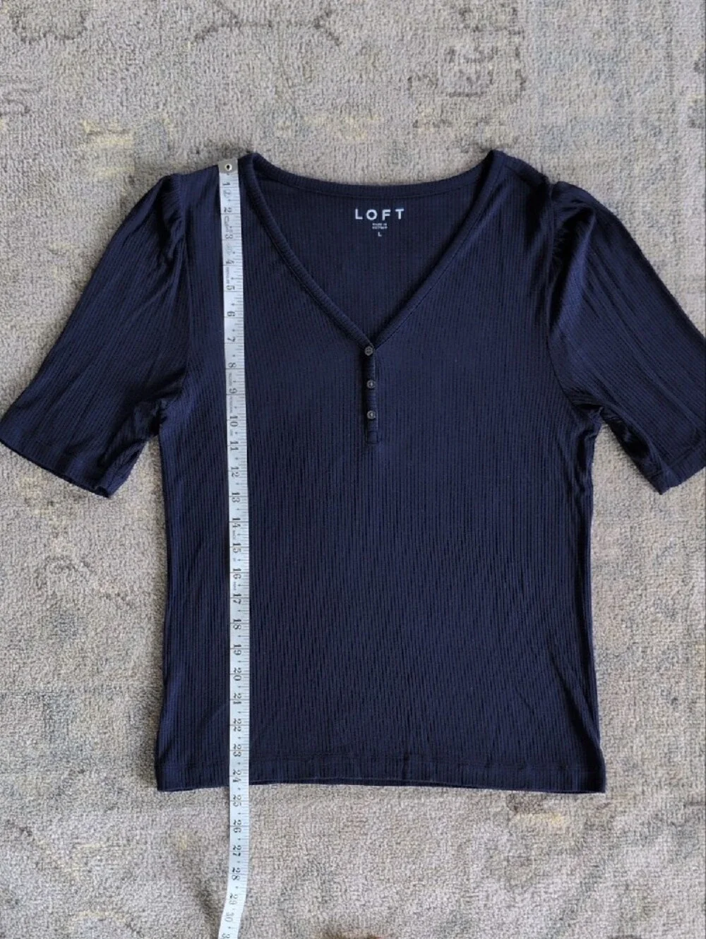 LOFT Navy Ribbed V-Neck Short Sleeve Henley Top